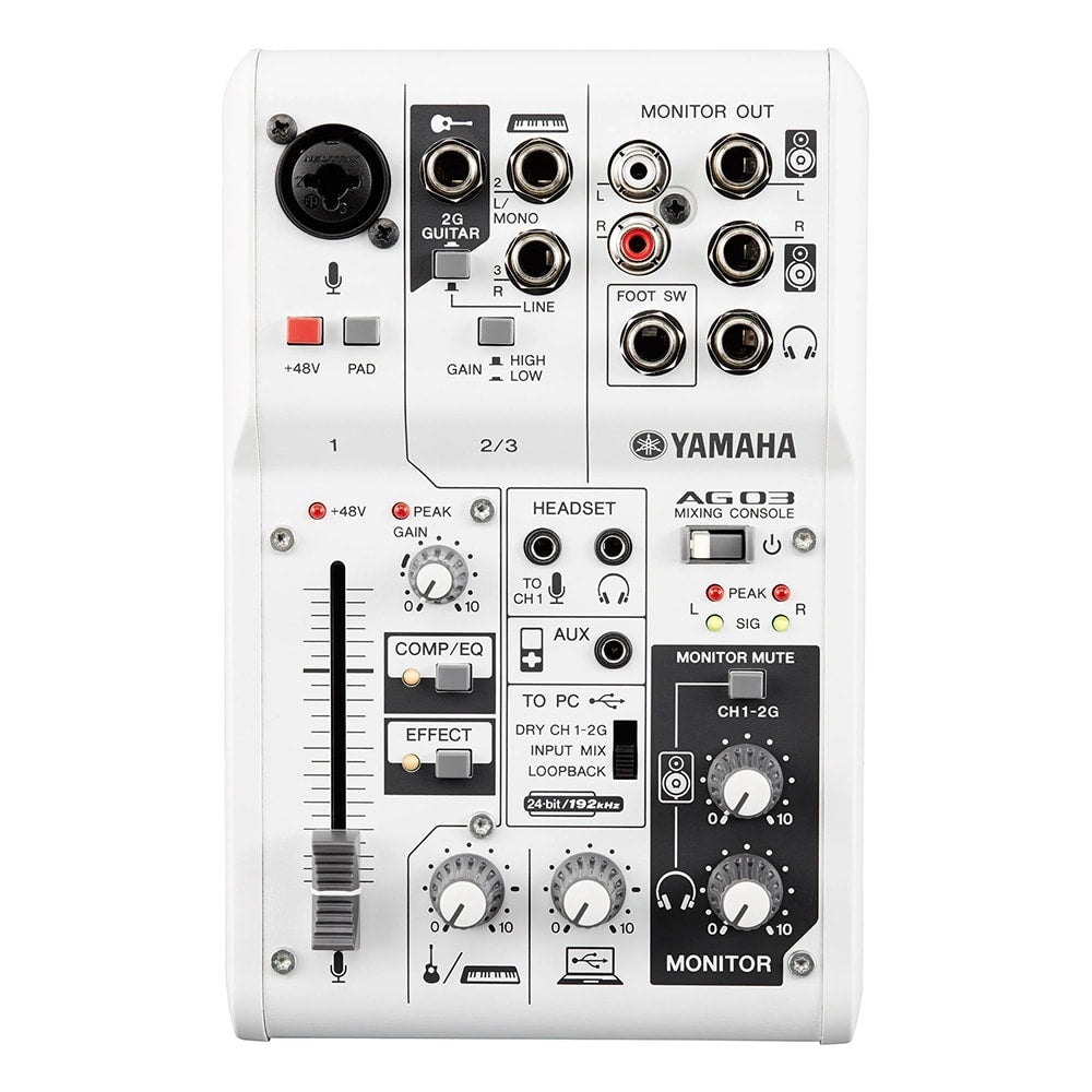 Yamaha AG03 3-channel USB mixer audio interface, white chassis top view