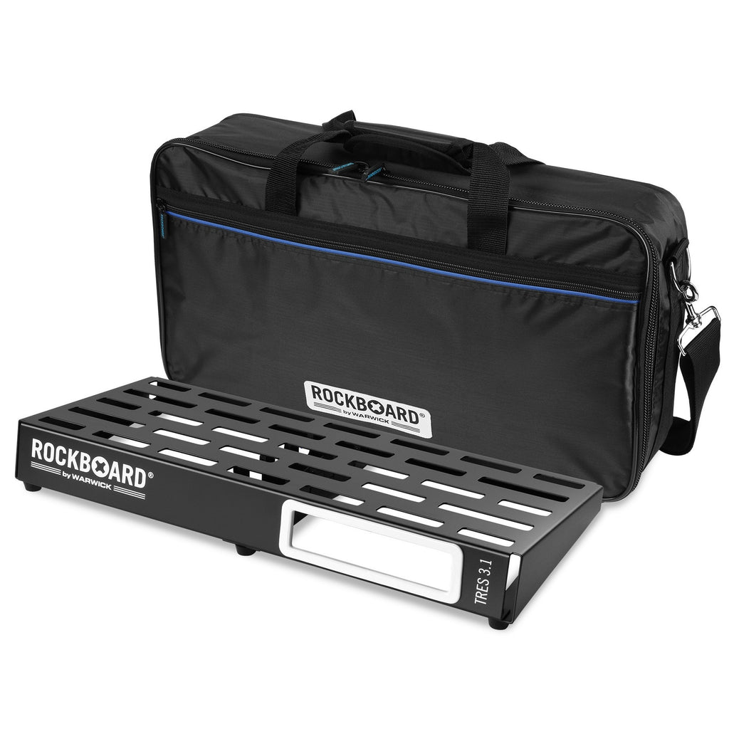 RockBoard TRES 3.1 pedalboard top showing slotted aluminum surface