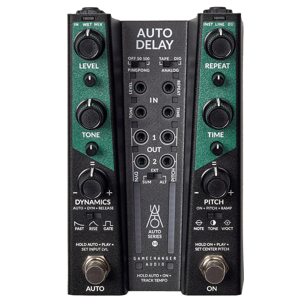 Gamechanger Audio Auto Delay pedal in black with green accents, top view