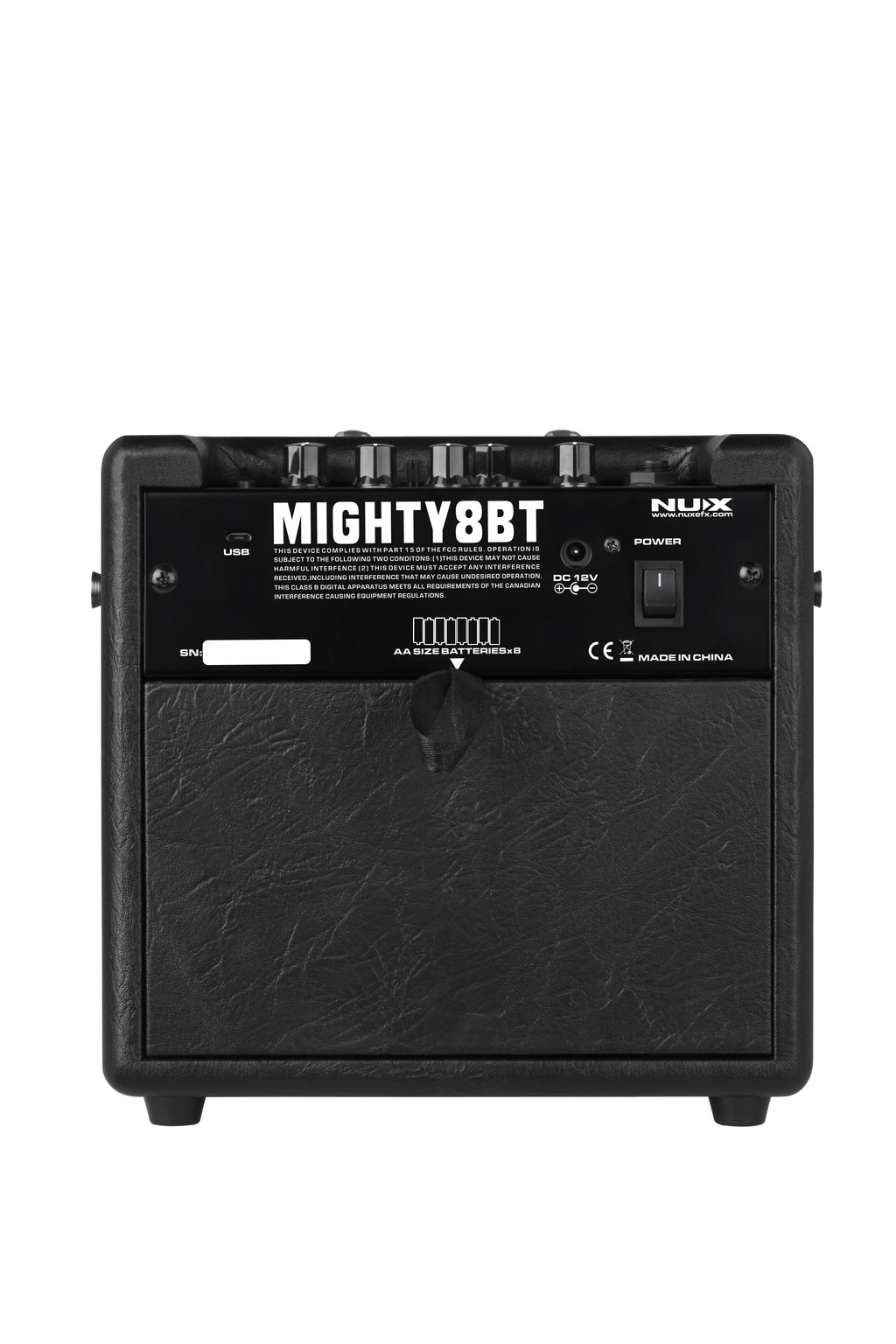 NUX Mighty 8 BT portable guitar amp — rear panel with model label