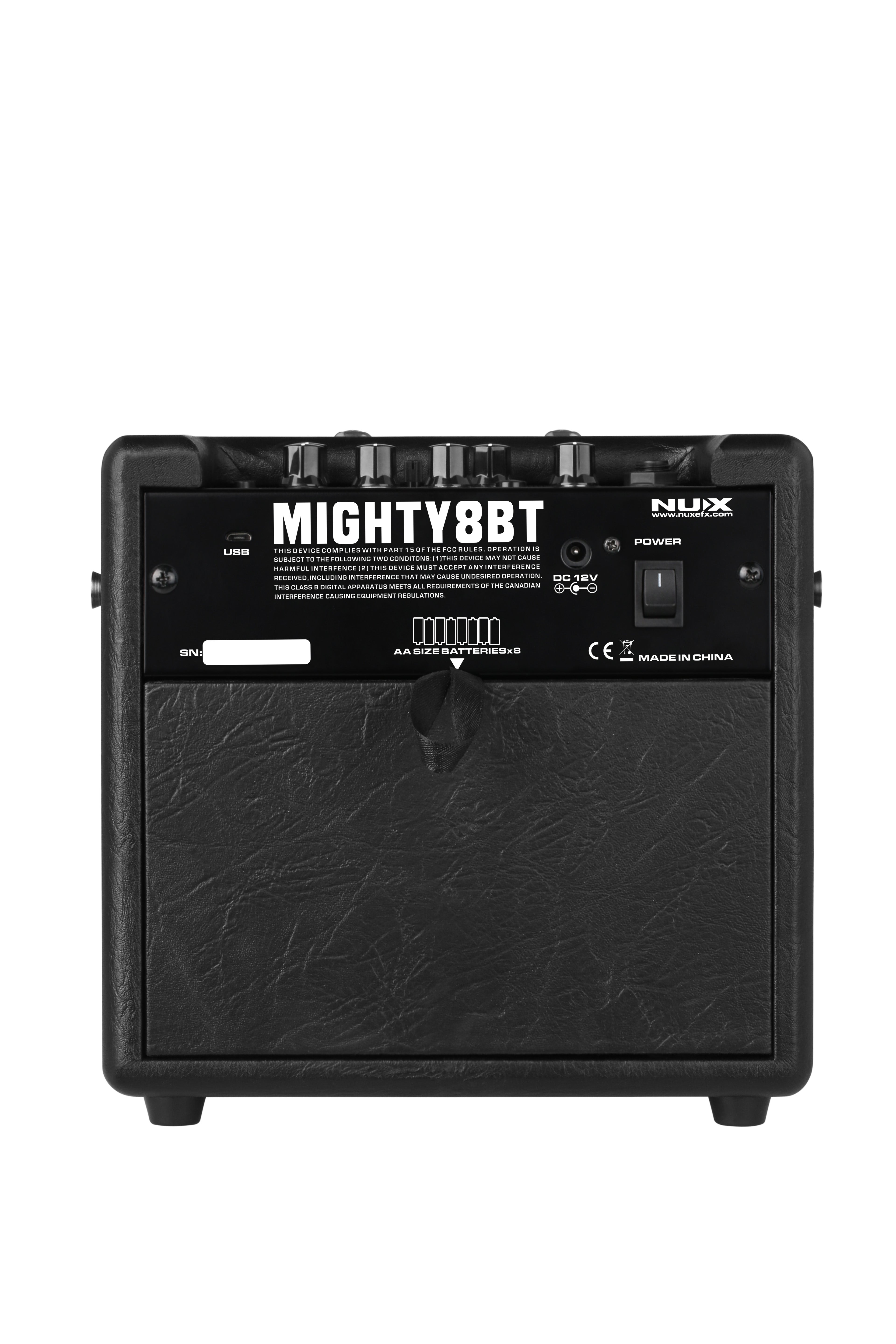 NUX Mighty 8 BT portable guitar amp — rear panel with model label