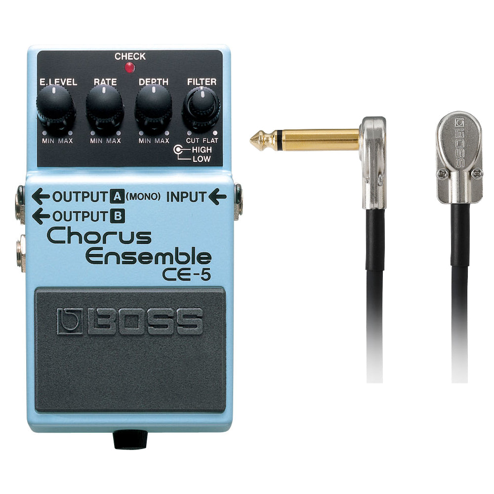 Boss CE-5 Chorus Ensemble pedal — blue compact chorus with Boss patch cable