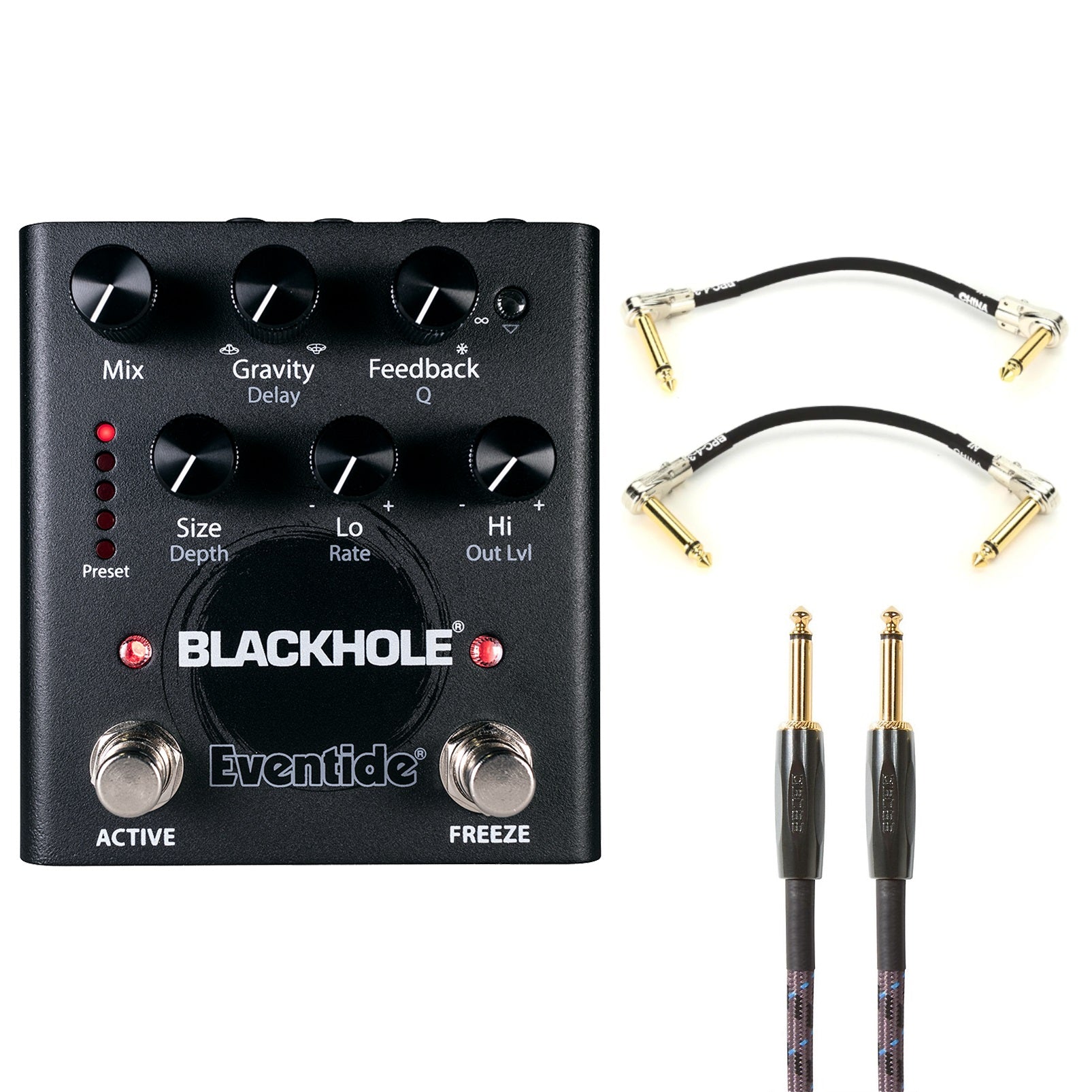 Eventide Blackhole reverb pedal - front with included Boss patch and guitar cables
