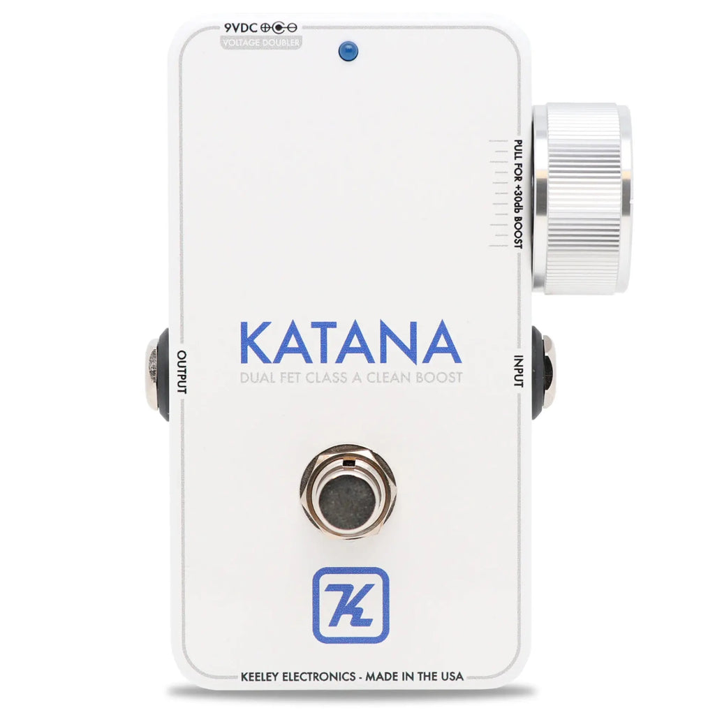 Keeley Katana Clean Boost pedal Throwback White — white enclosure, alternate angle