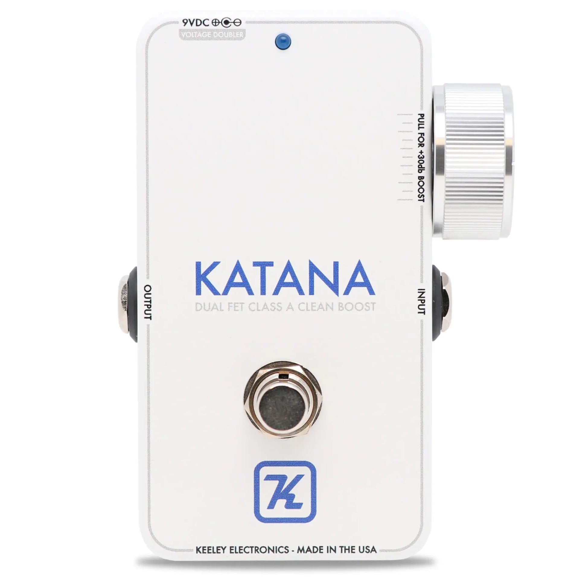 Keeley Katana Clean Boost pedal Throwback White — white enclosure, alternate angle