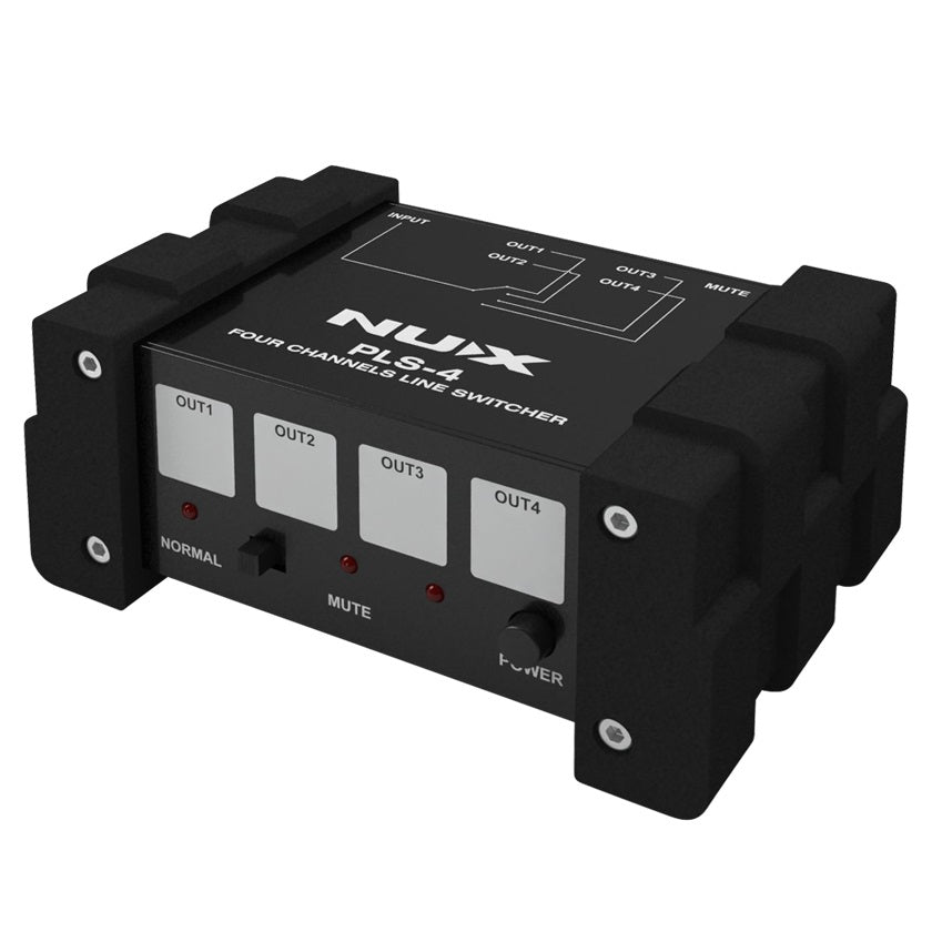 NUX PLS-4 four channel guitar line switcher — black enclosure, angled view with OUT1-4 buttons