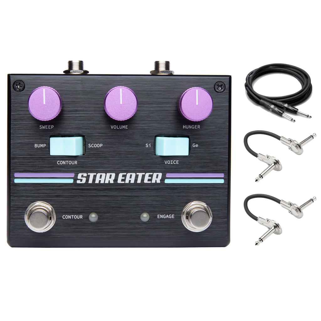 Pigtronix Star Eater fuzz pedal — black enclosure with included cables