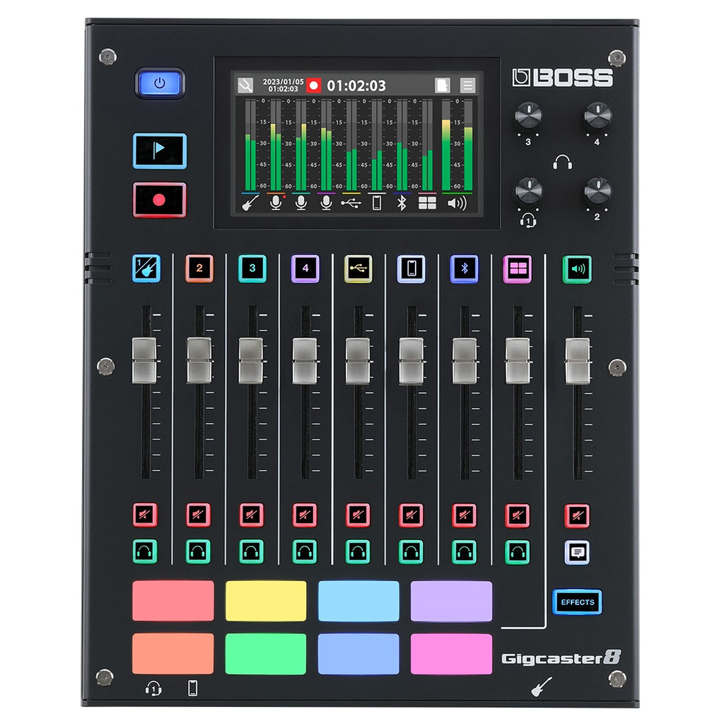 Boss GCS-8 Gigcaster 8 streaming mixer — top view with touchscreen, faders and pads