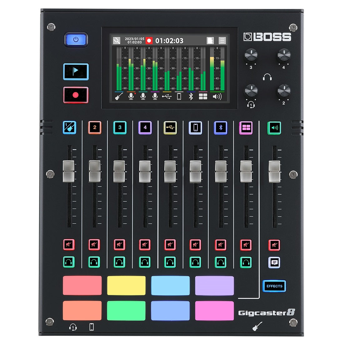 Boss GCS-8 Gigcaster 8 streaming mixer — top view with touchscreen, faders and pads