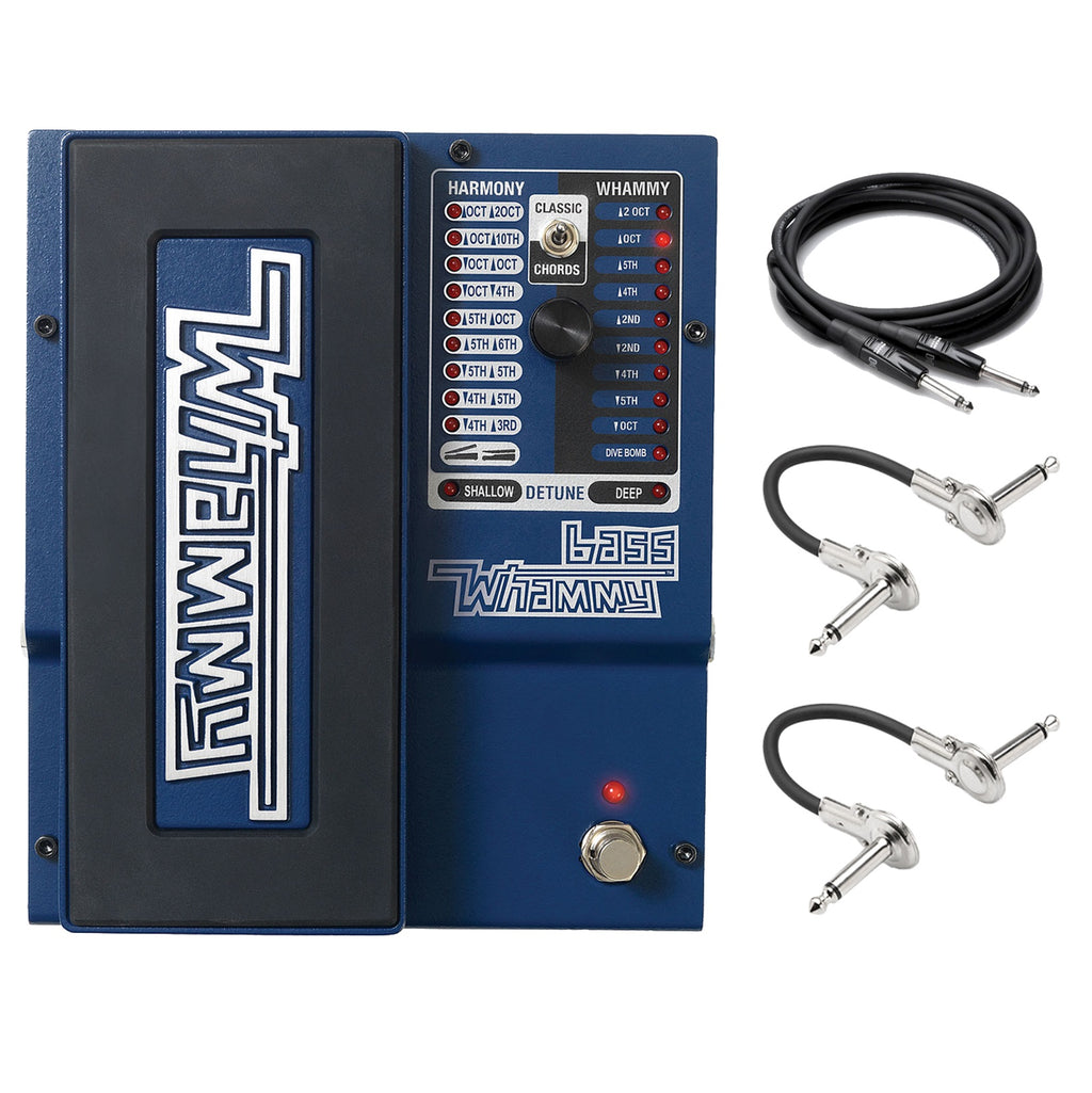DigiTech Bass Whammy pitch shift pedal — blue front with included cables