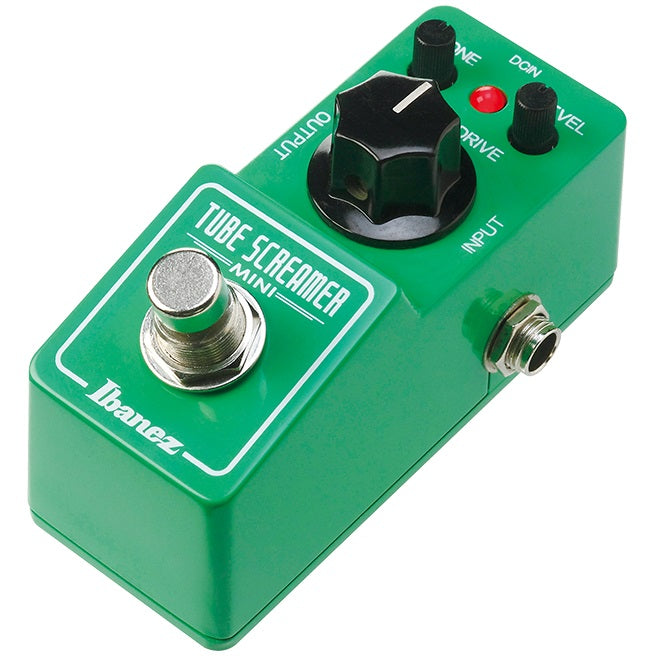 Ibanez TS Mini Tube Screamer overdrive pedal - side view with input and output jacks