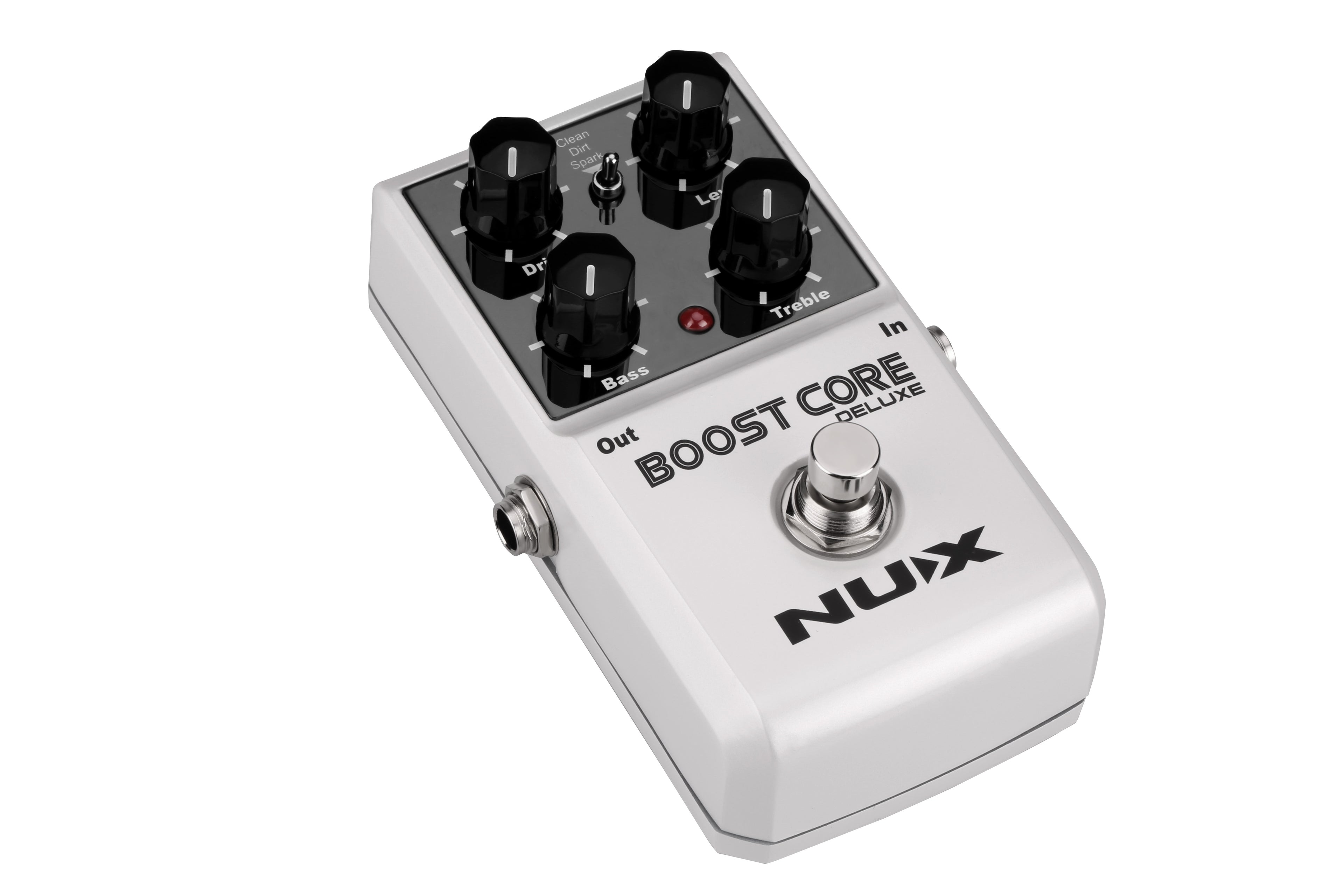 NUX Boost Core Deluxe silver boost pedal angled view