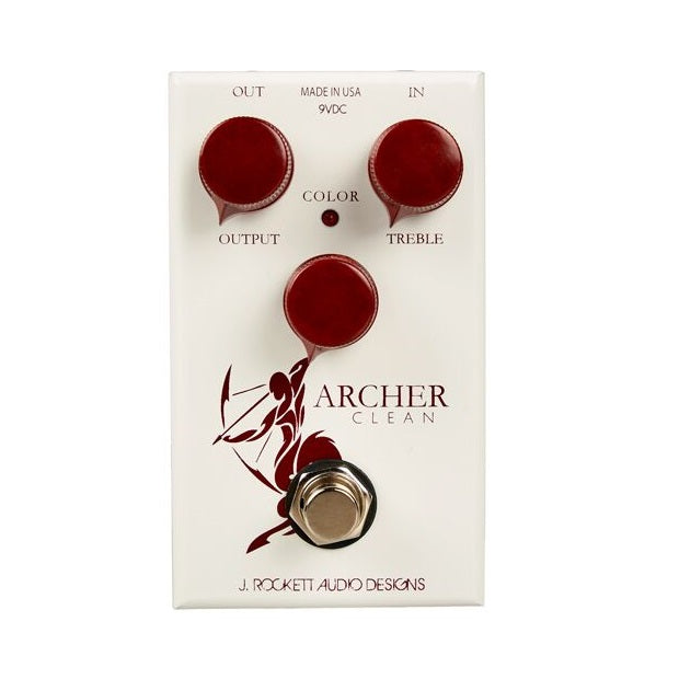 J Rockett Archer Clean boost pedal — white enclosure angled view