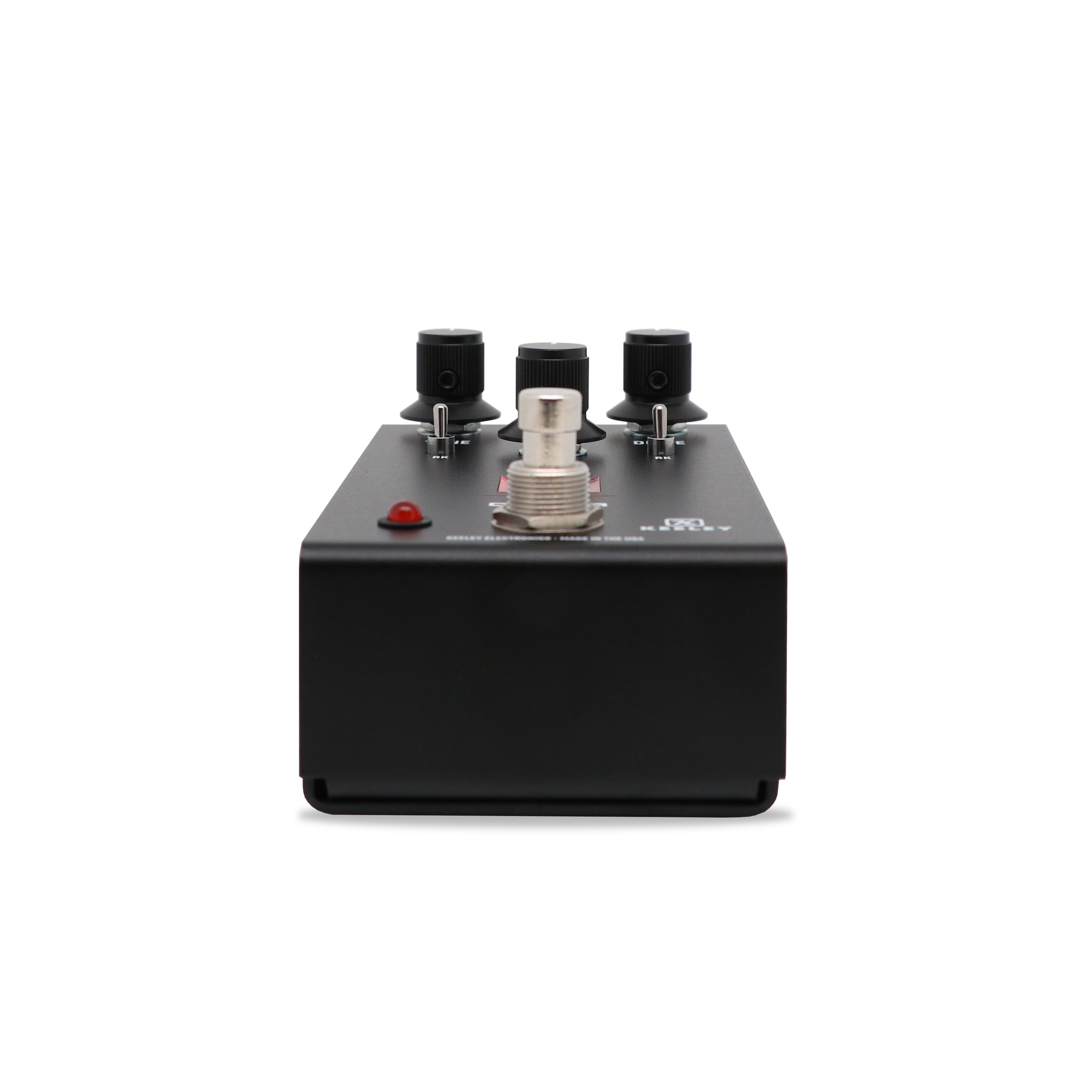 Keeley Mk3 Driver overdrive pedal — black enclosure, side view