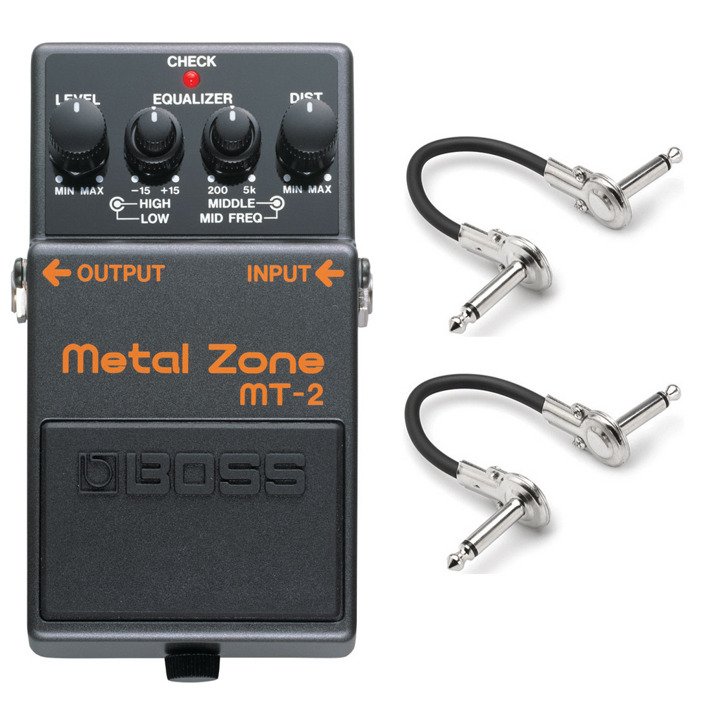 Boss MT-2 Metal Zone distortion guitar pedal — black with two patch cables