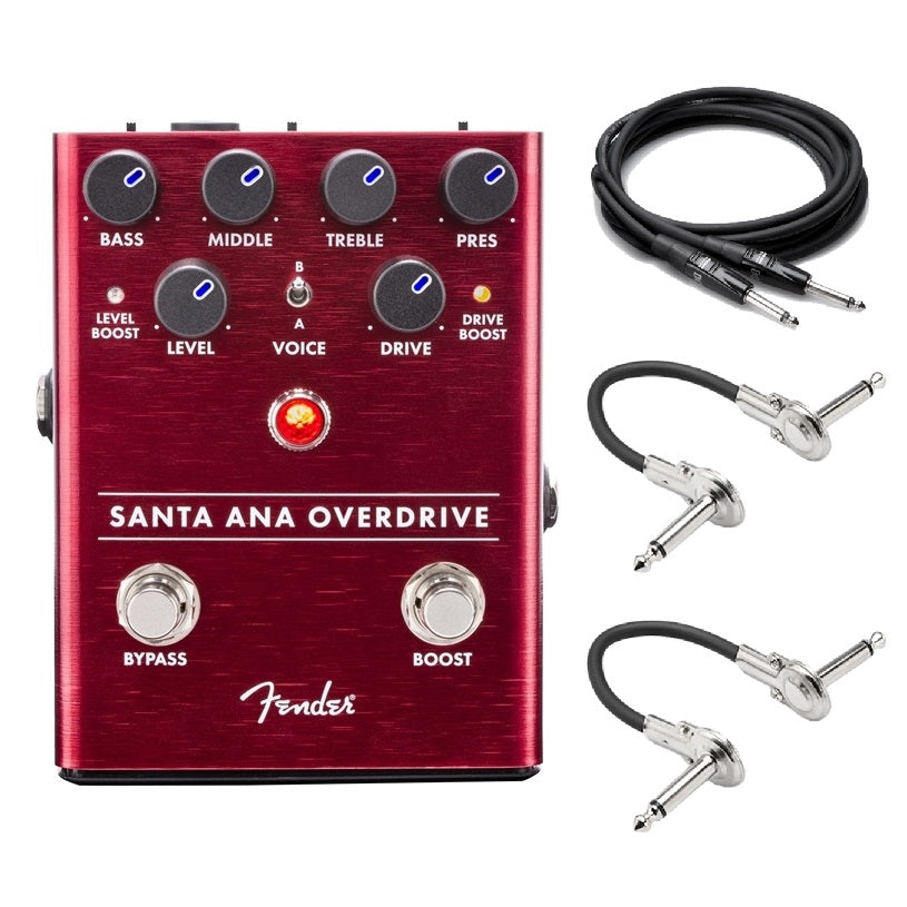 Fender Santa Ana Overdrive pedal — red enclosure with included guitar and patch cables