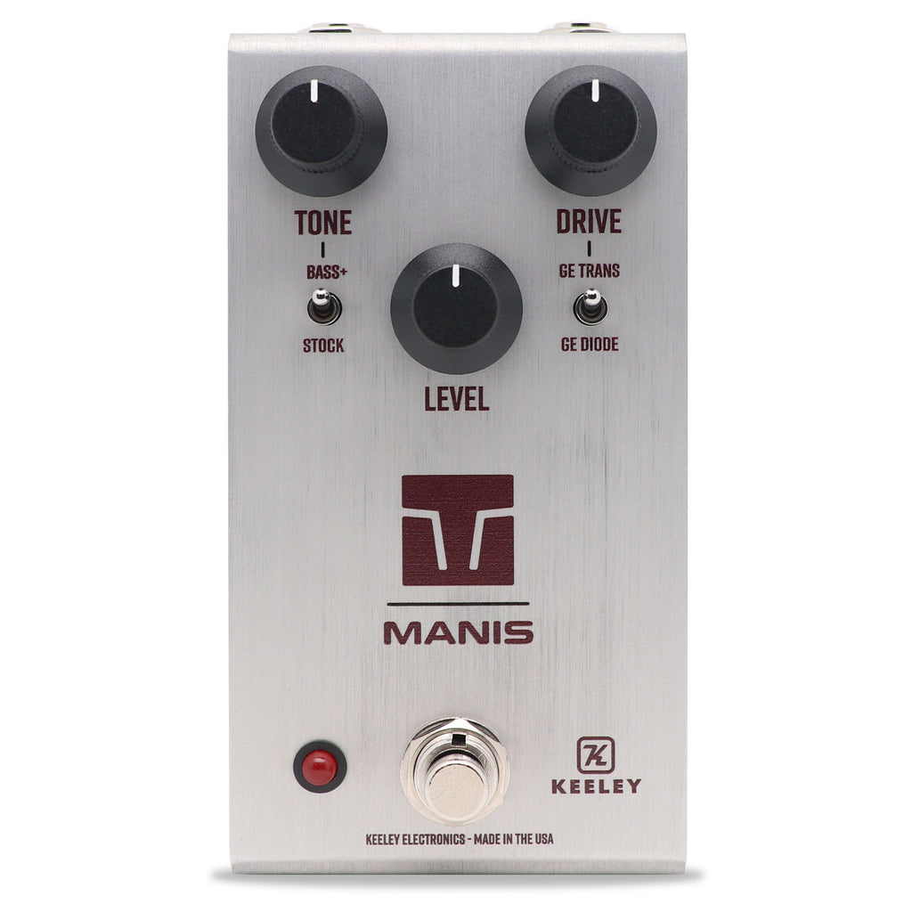 Keeley Manis Overdrive pedal — brushed silver enclosure, top view with Tone and Drive knobs