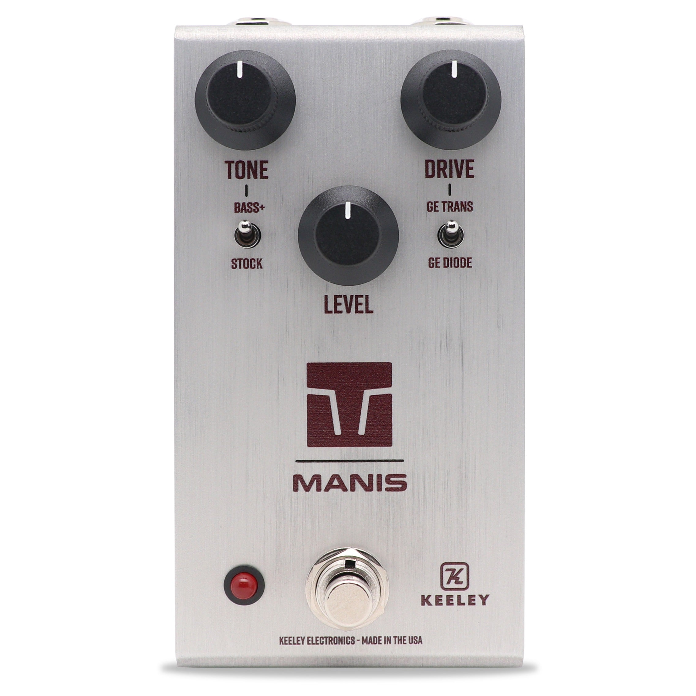 Keeley Manis Overdrive pedal — silver enclosure, front angle