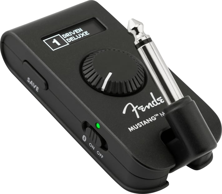 Fender Mustang Micro Plus headphone guitar amp — angled view