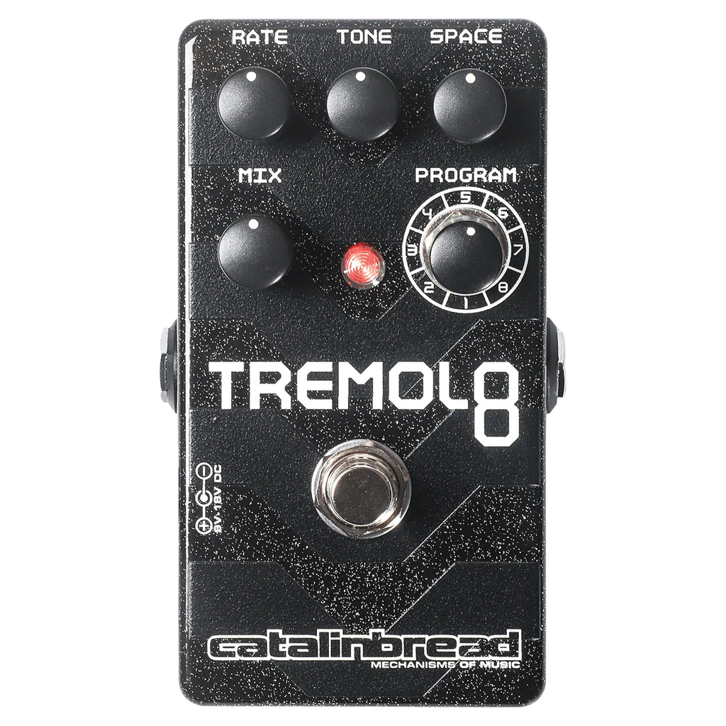 Catalinbread Tremolo8 pedal — alternate view showing Rate Tone Space Mix and Program knobs