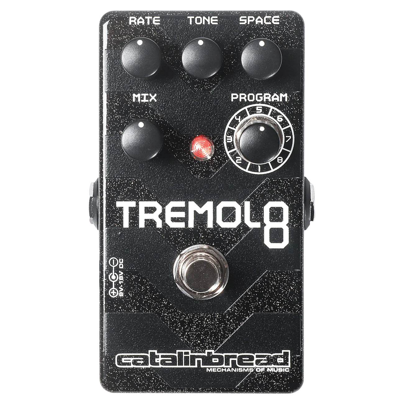 Catalinbread Tremolo8 pedal — alternate view showing Rate Tone Space Mix and Program knobs