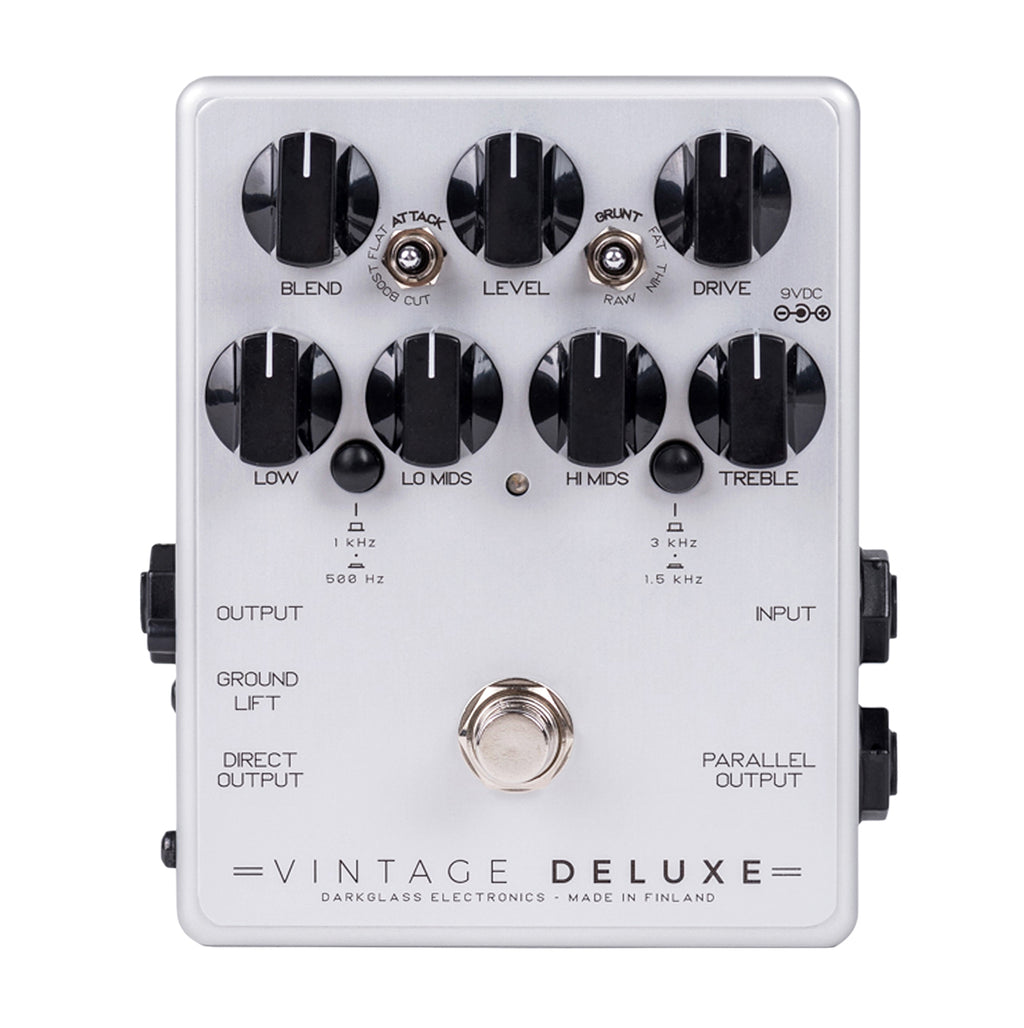 Darkglass Vintage Deluxe V3 bass preamp pedal — jack and footswitch detail