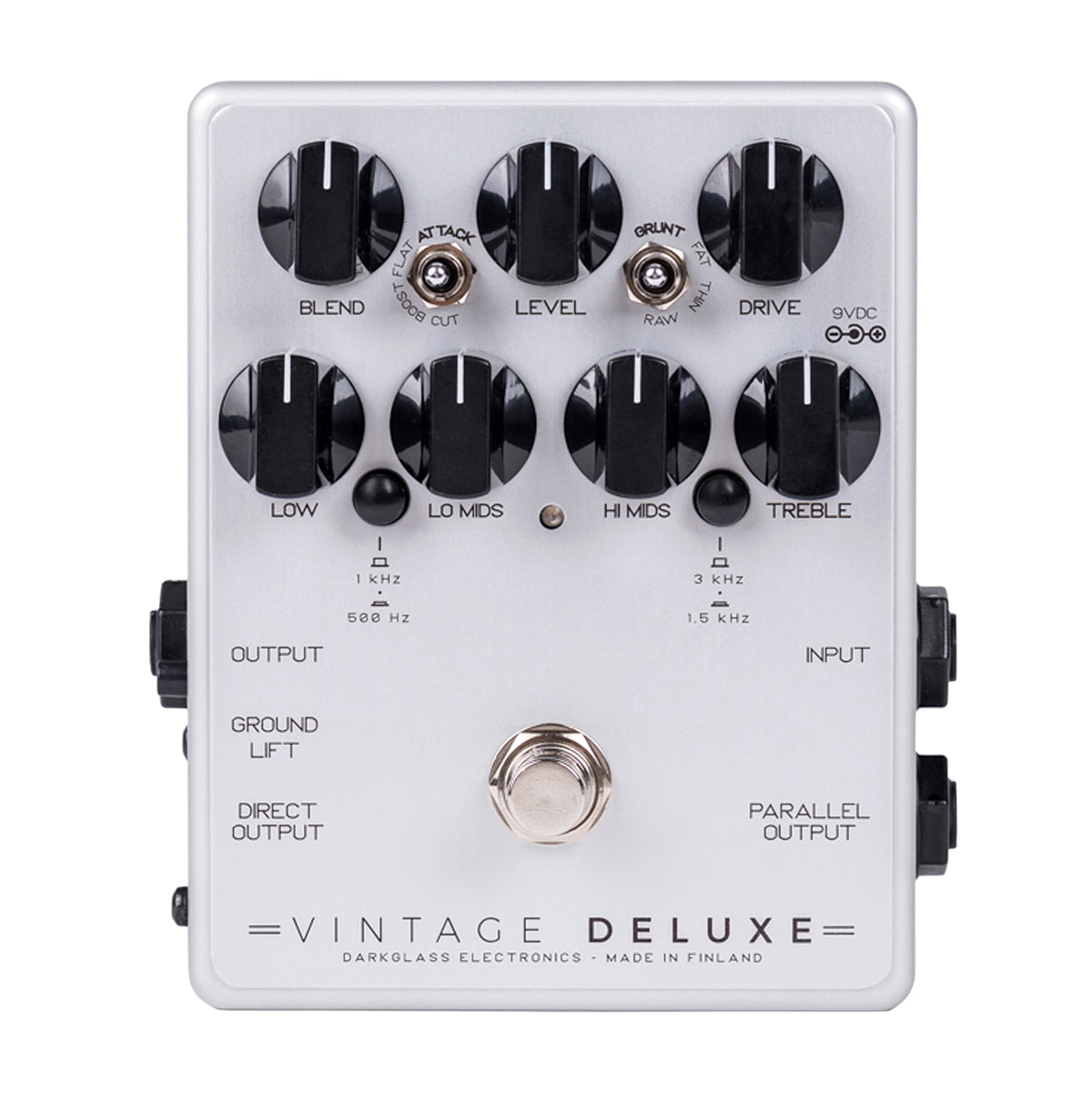 Darkglass Vintage Deluxe V3 bass preamp pedal — jack and footswitch detail