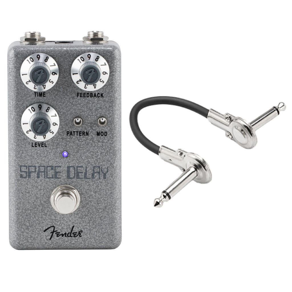 Fender Hammertone Space Delay pedal — gray hammertone enclosure with patch cable