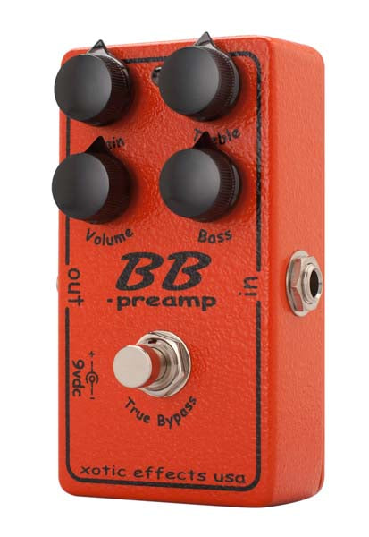 Xotic BB Preamp 1.5 — Volume, Bass, Treble, Gain knob detail, true bypass