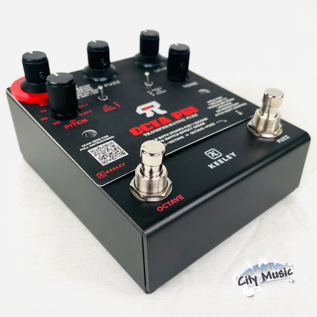 Used Keeley Octa Psi fuzz pedal — angled view
