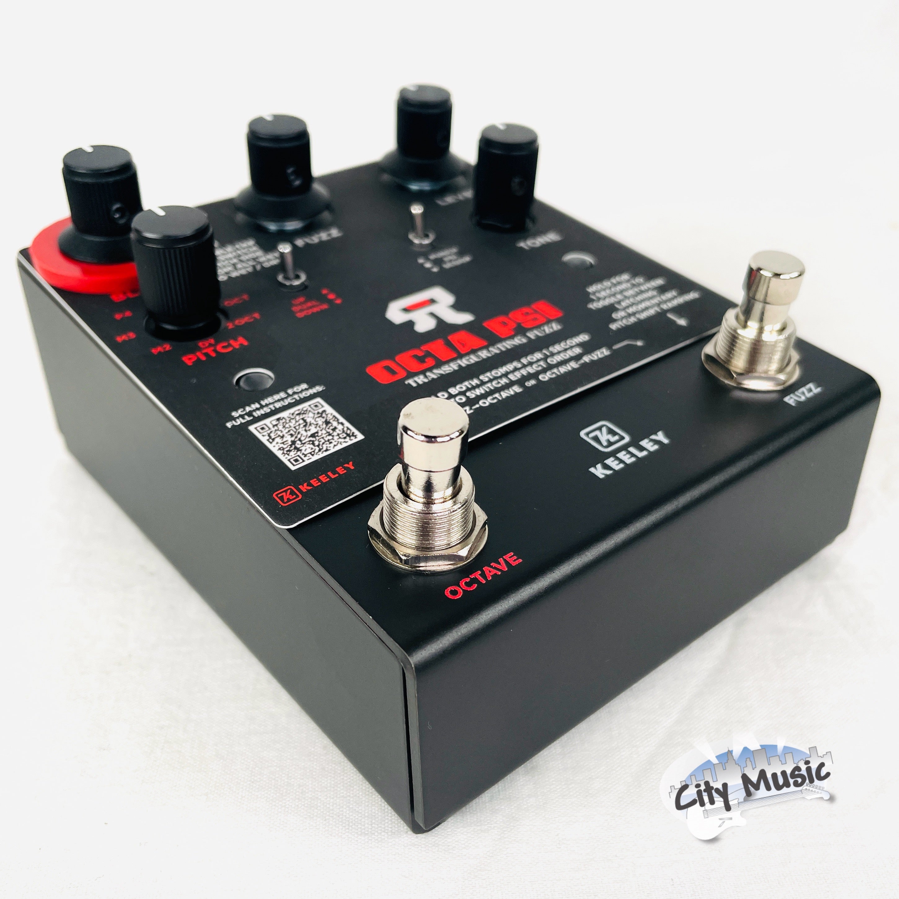 Used Keeley Octa Psi fuzz pedal — angled view