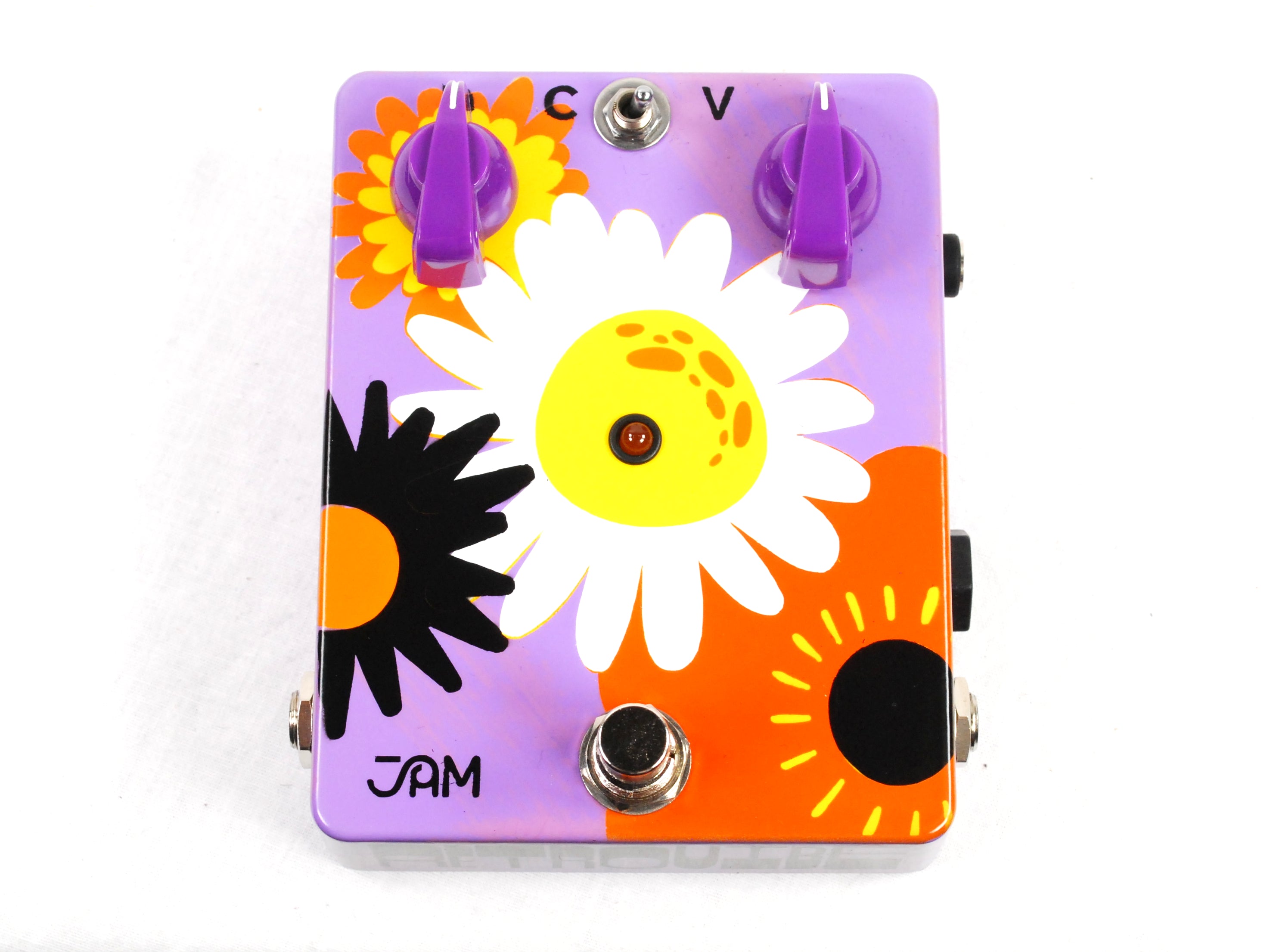 JAM Pedals Retrovibe mk.3 univibe pedal — purple enclosure with flower art, top view