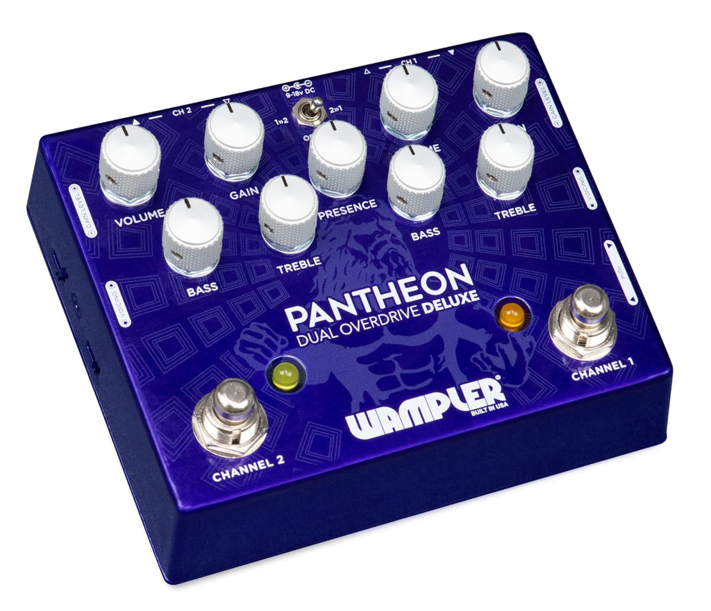 Wampler Dual Pantheon Deluxe overdrive pedal — dual channel knobs detail