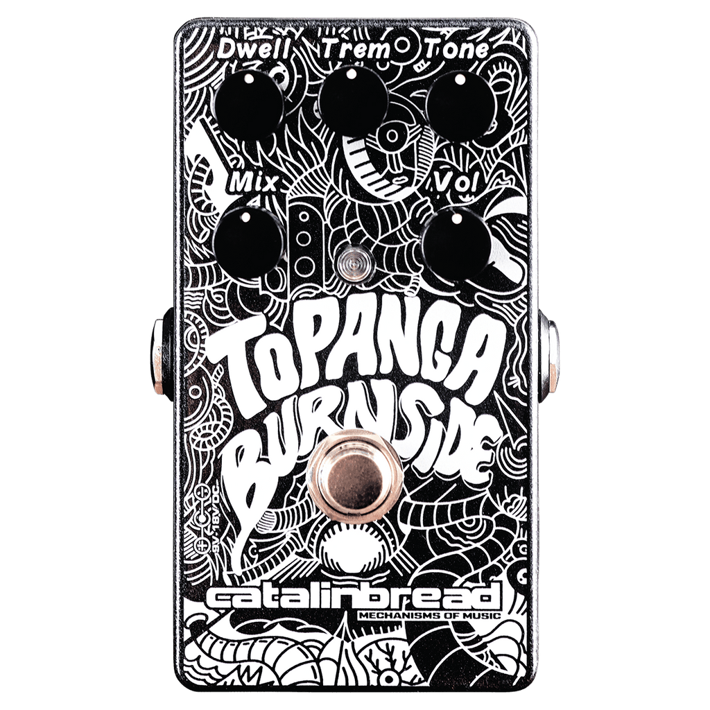 Catalinbread Topanga Burnside reverb tremolo pedal — black enclosure with white Tomo77 artwork, top view