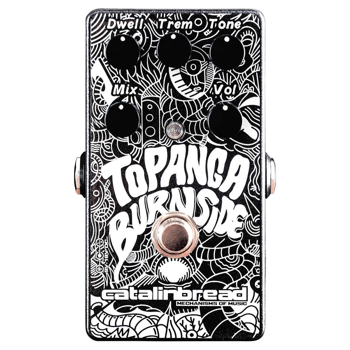 Catalinbread Topanga Burnside reverb tremolo pedal — black enclosure with white Tomo77 artwork, top view