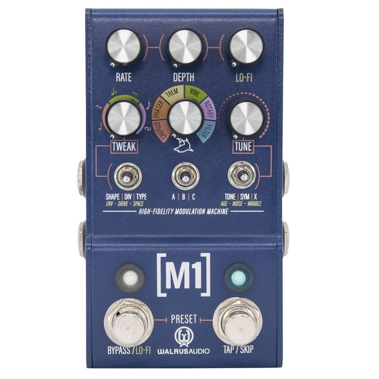 Walrus Audio MAKO M1 modulation pedal — dark blue enclosure, angled view