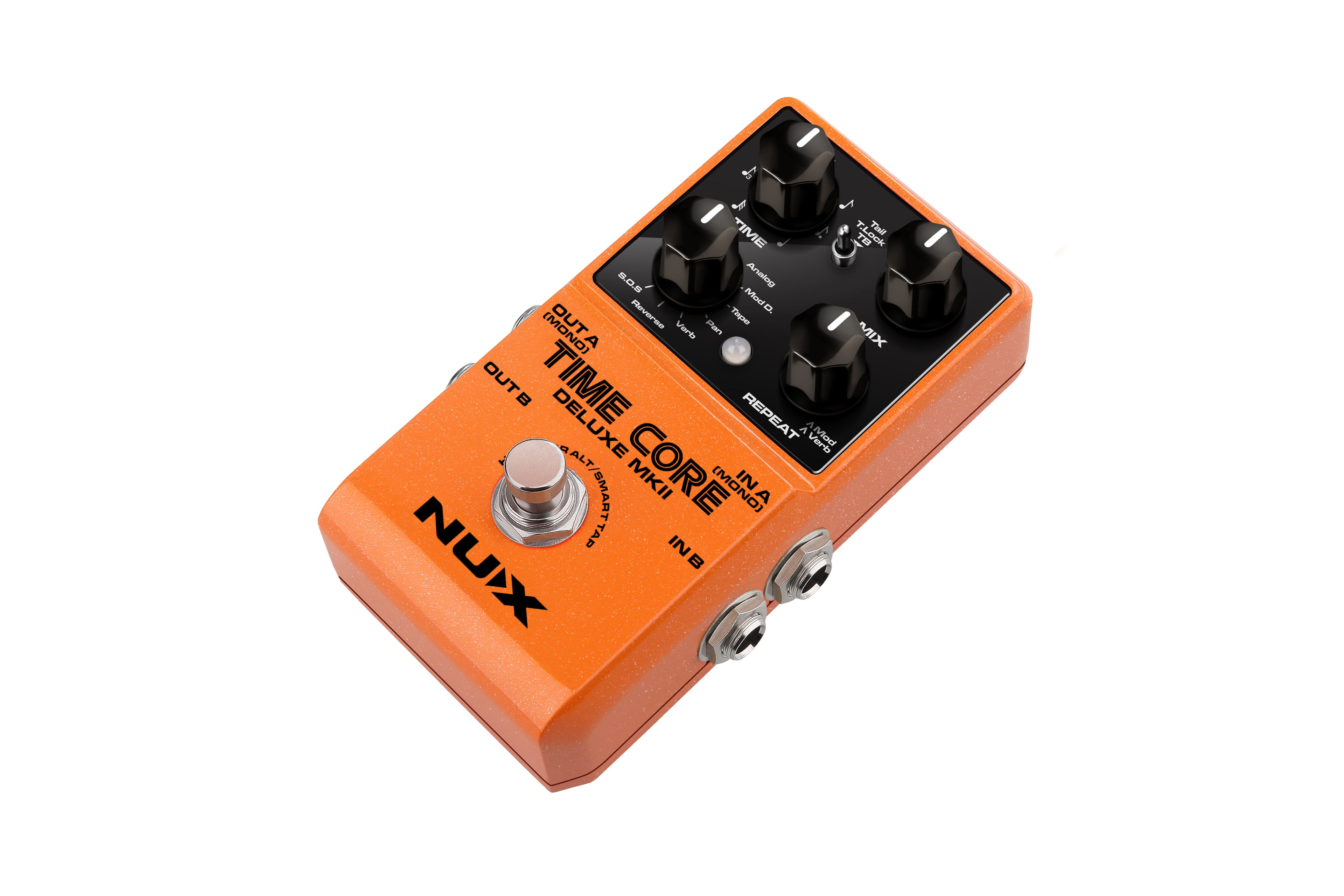 NUX Time Core Deluxe MKII delay pedal - angled view showing knobs and footswitch