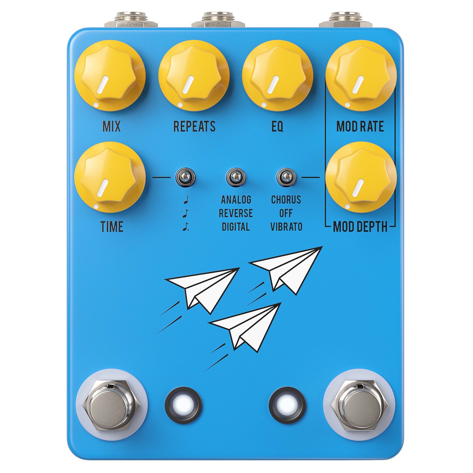 JHS Flight Delay delay pedal — blue enclosure, yellow knobs, top view