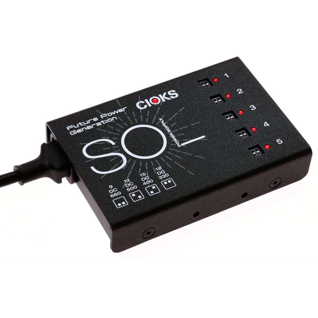 CIOKS SOL pedal power supply — angled view of black enclosure and output jacks