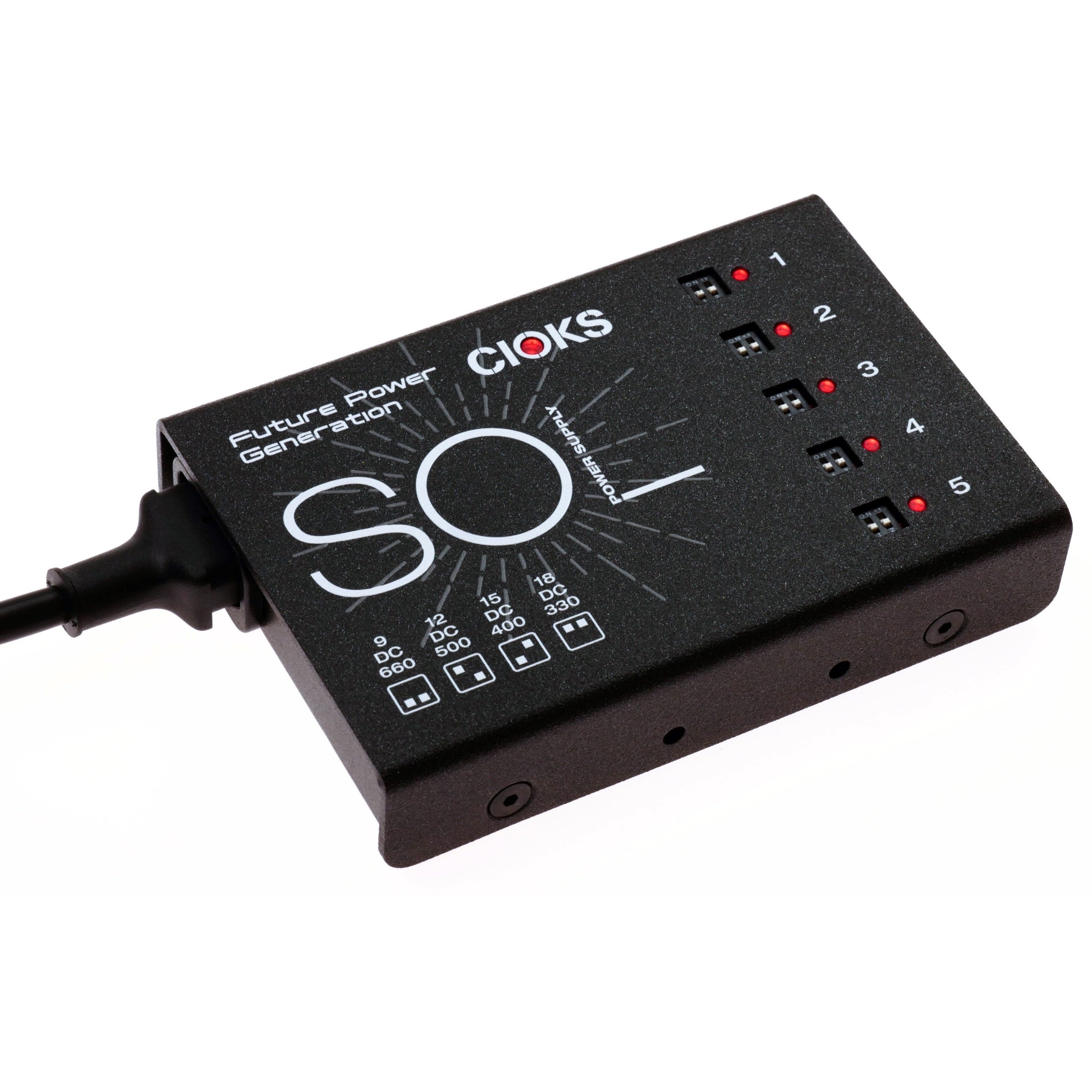 CIOKS SOL pedal power supply — angled view of black enclosure and output jacks