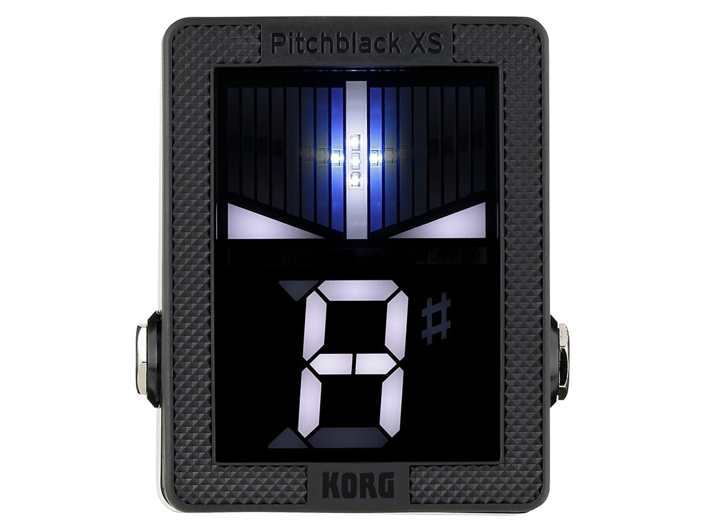 Korg Pitchblack XS mini tuner pedal — angled black enclosure view