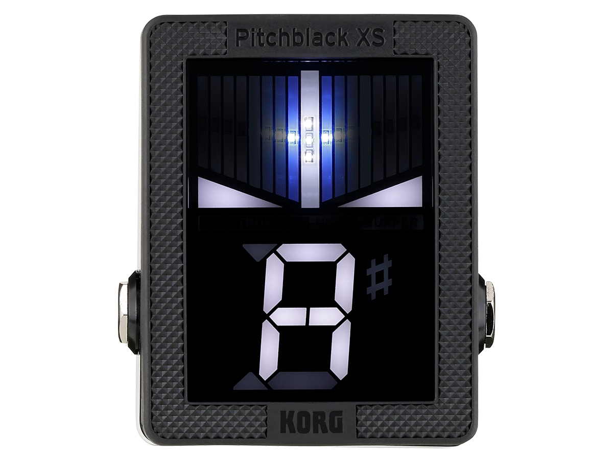 Korg Pitchblack XS mini tuner pedal — angled black enclosure view