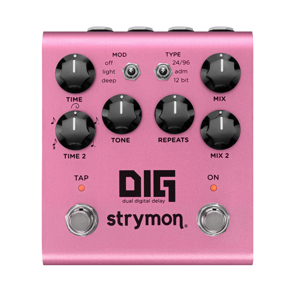 Strymon DIG V2 dual digital delay pedal — top view of pink control panel