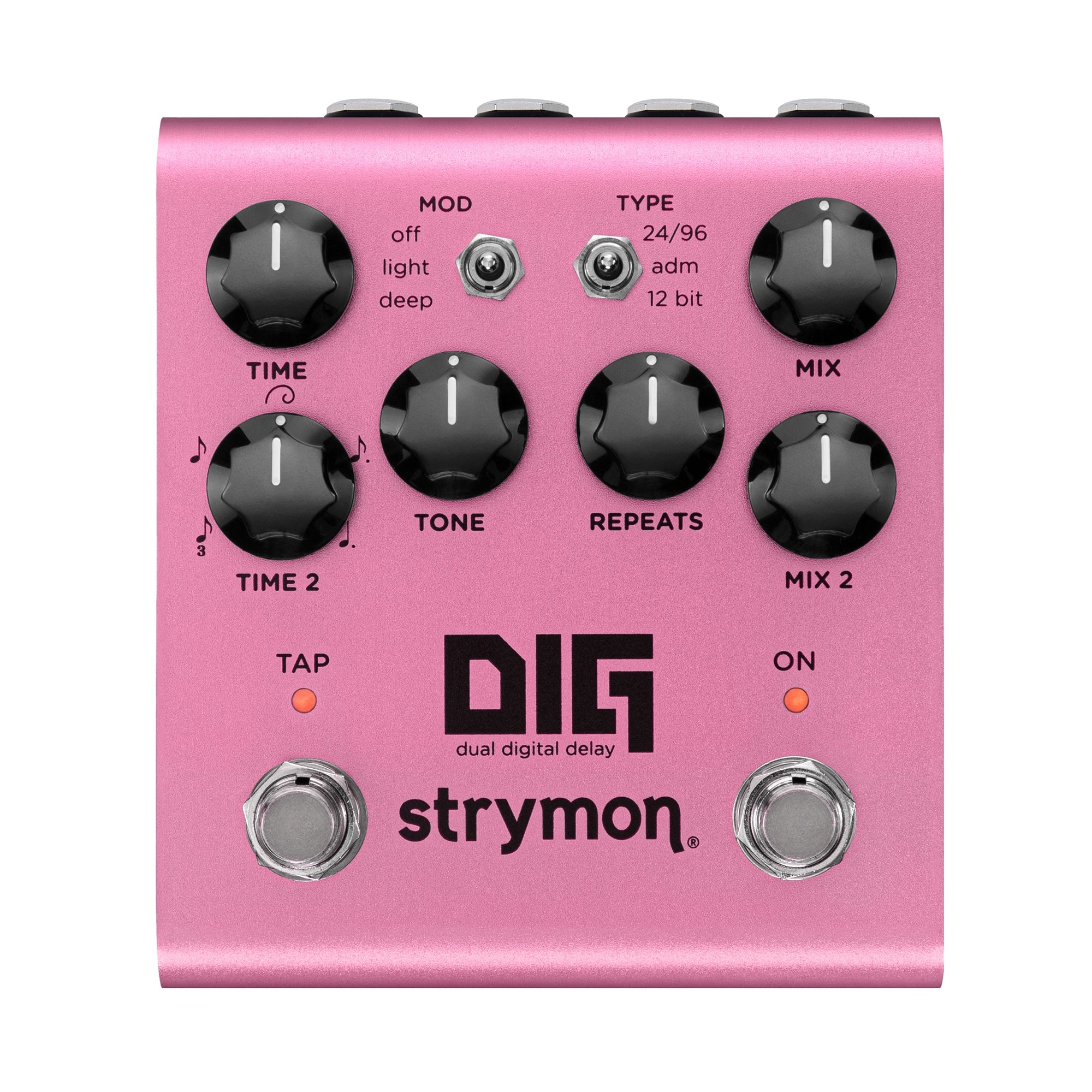 Strymon DIG V2 dual digital delay pedal — top view of pink control panel