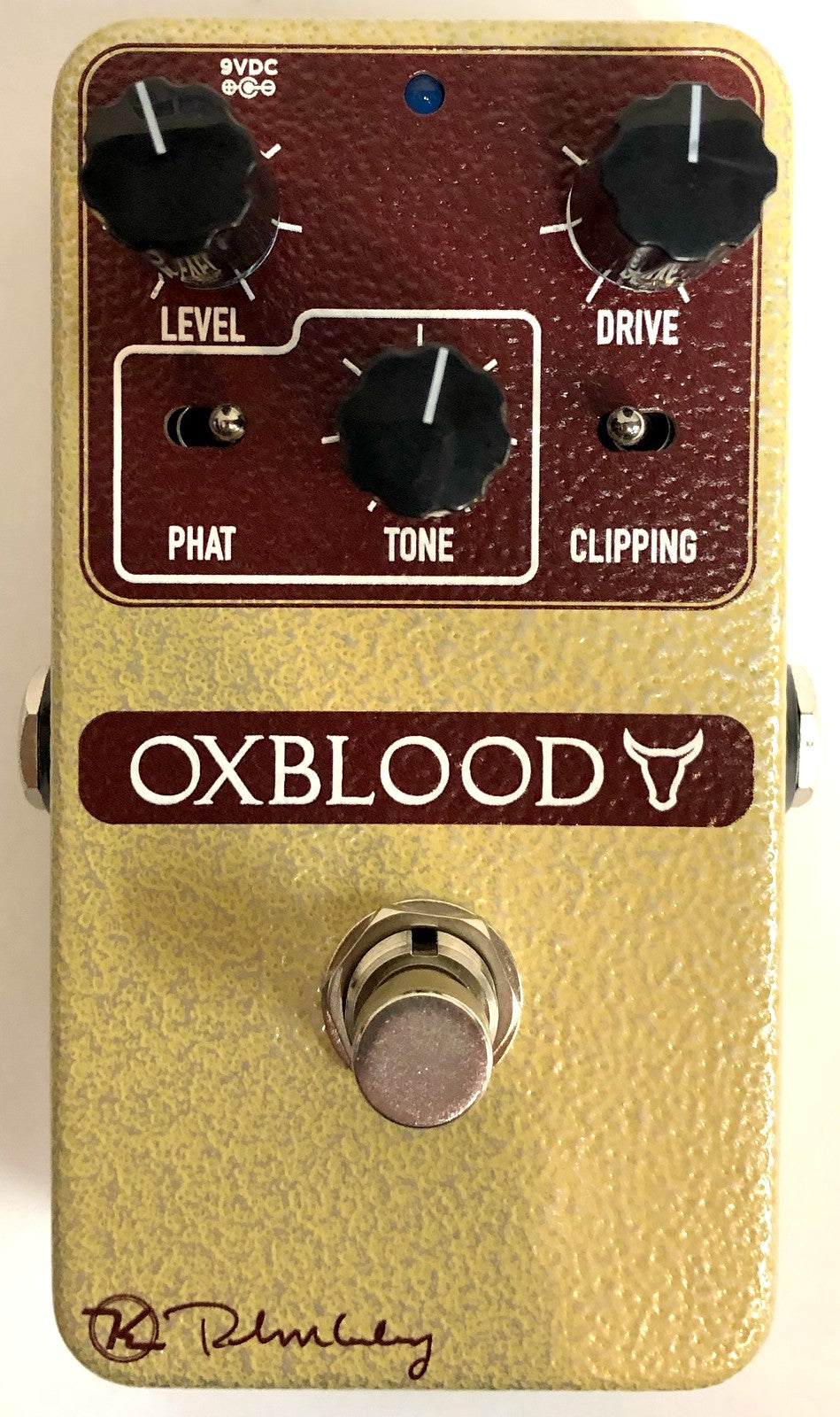 Keeley Oxblood overdrive pedal — gold tweed enclosure, top view