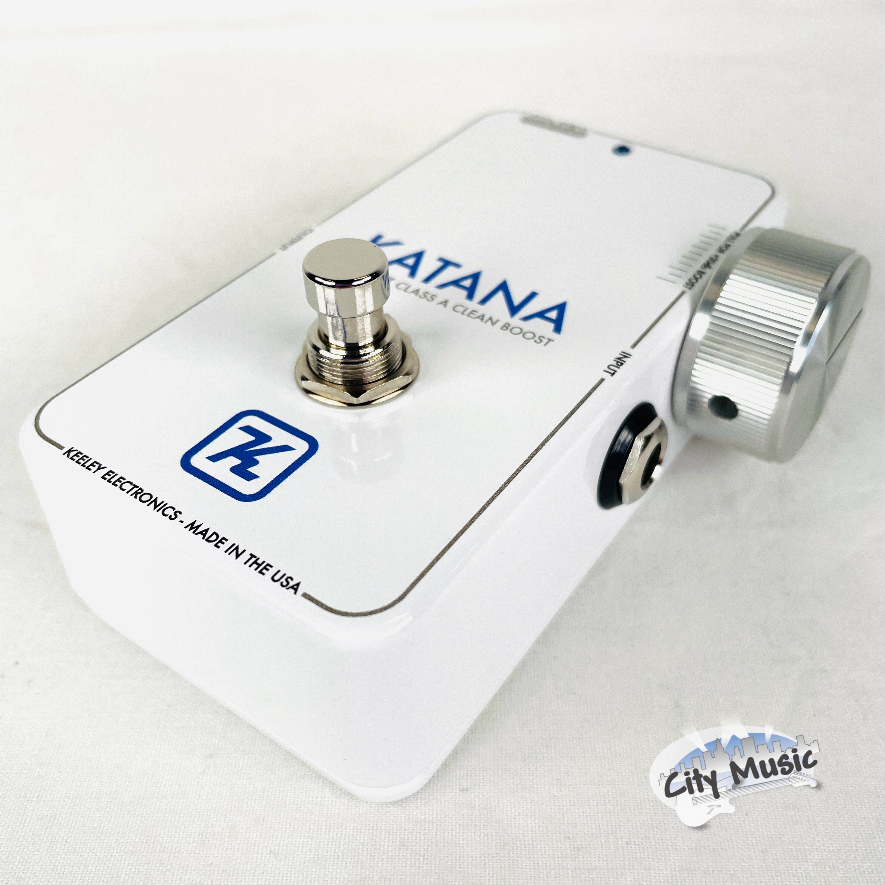 Keeley Katana Clean Boost pedal — top-down full white enclosure