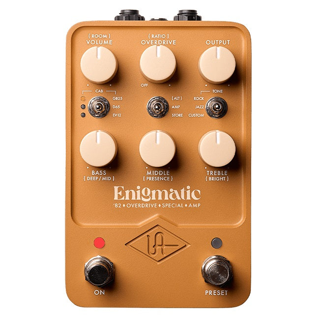 Universal Audio Enigmatic '82 amp pedal — gold enclosure top view