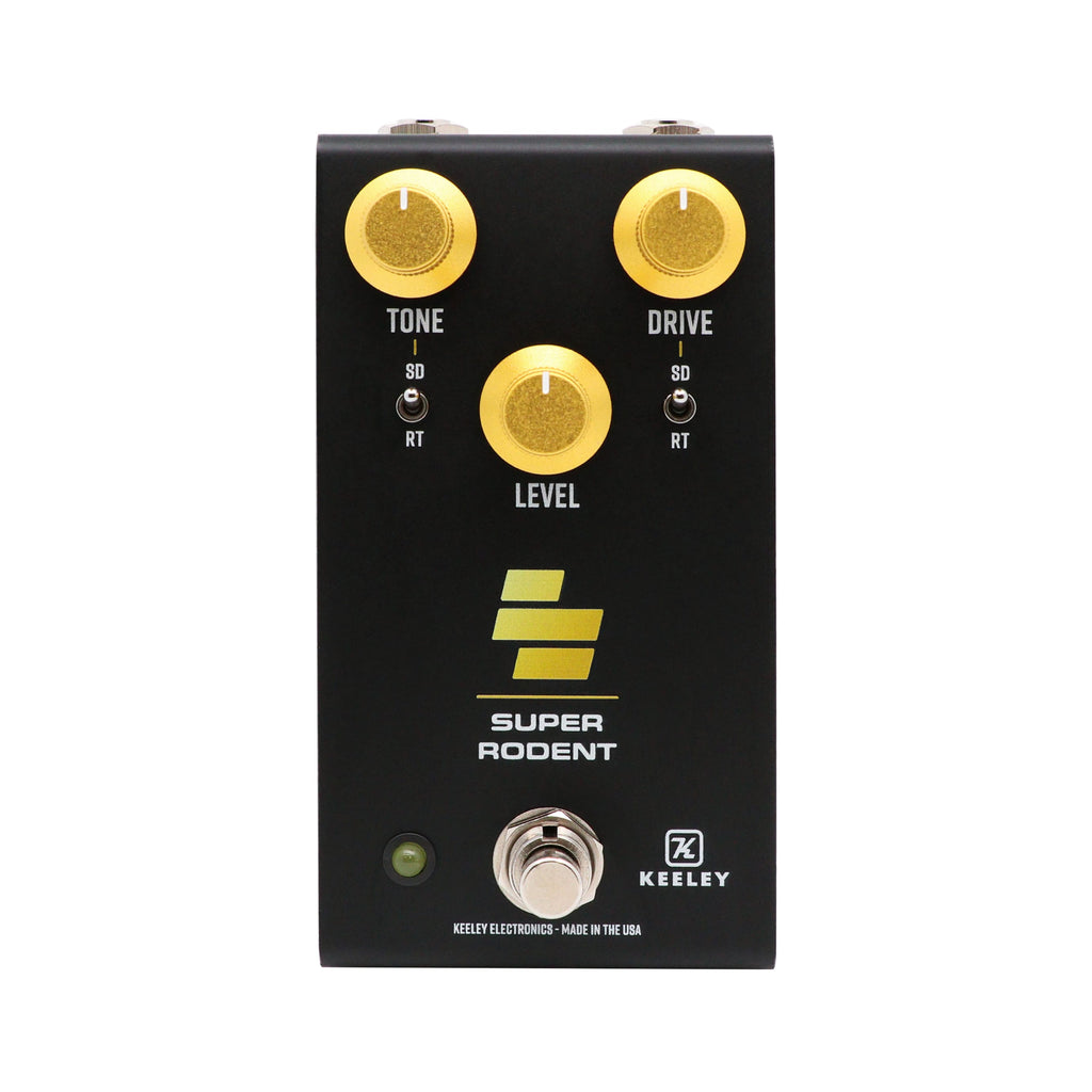 Keeley Super Rodent overdrive distortion pedal — black enclosure with gold knobs, top view