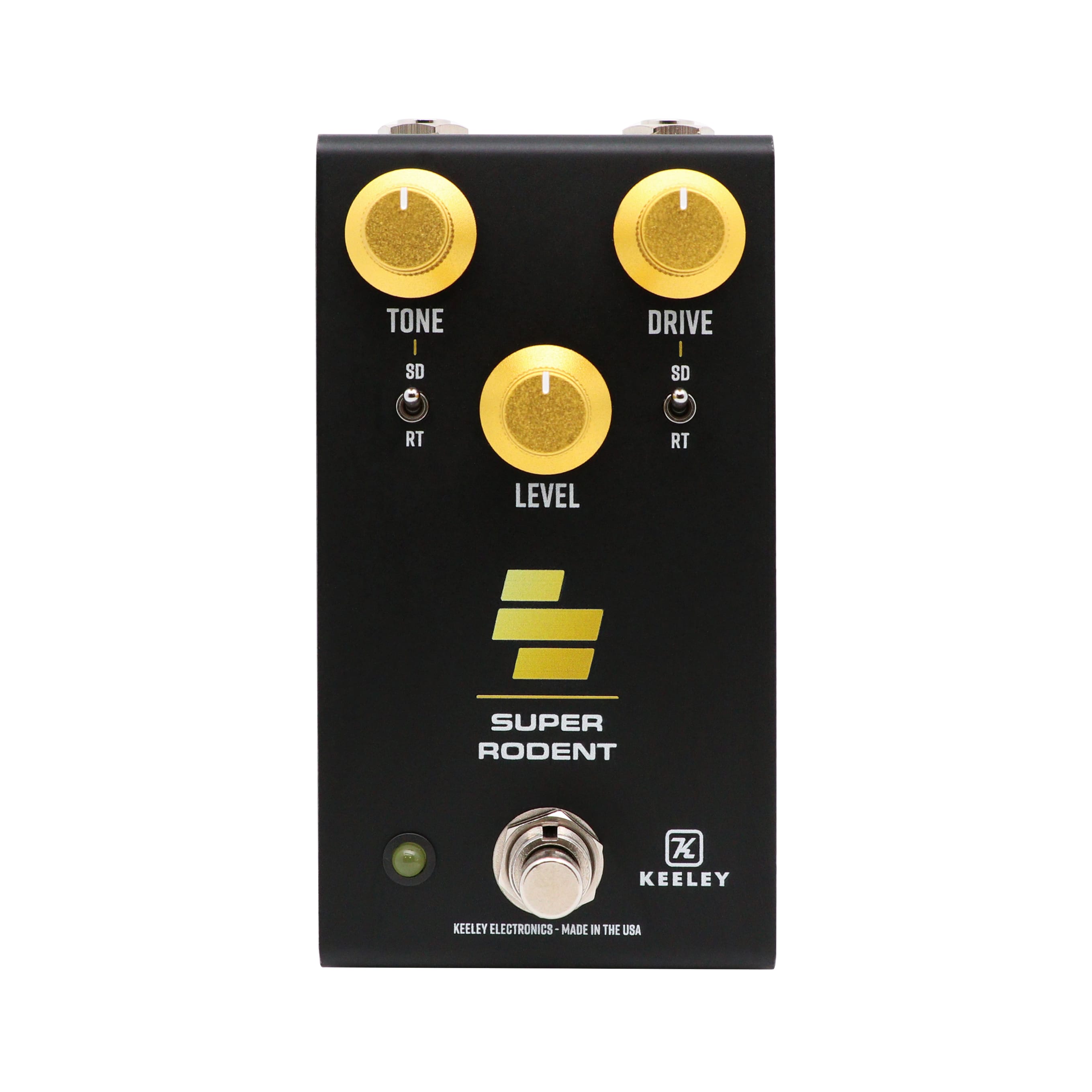 Keeley Super Rodent overdrive distortion pedal — black enclosure, front angle
