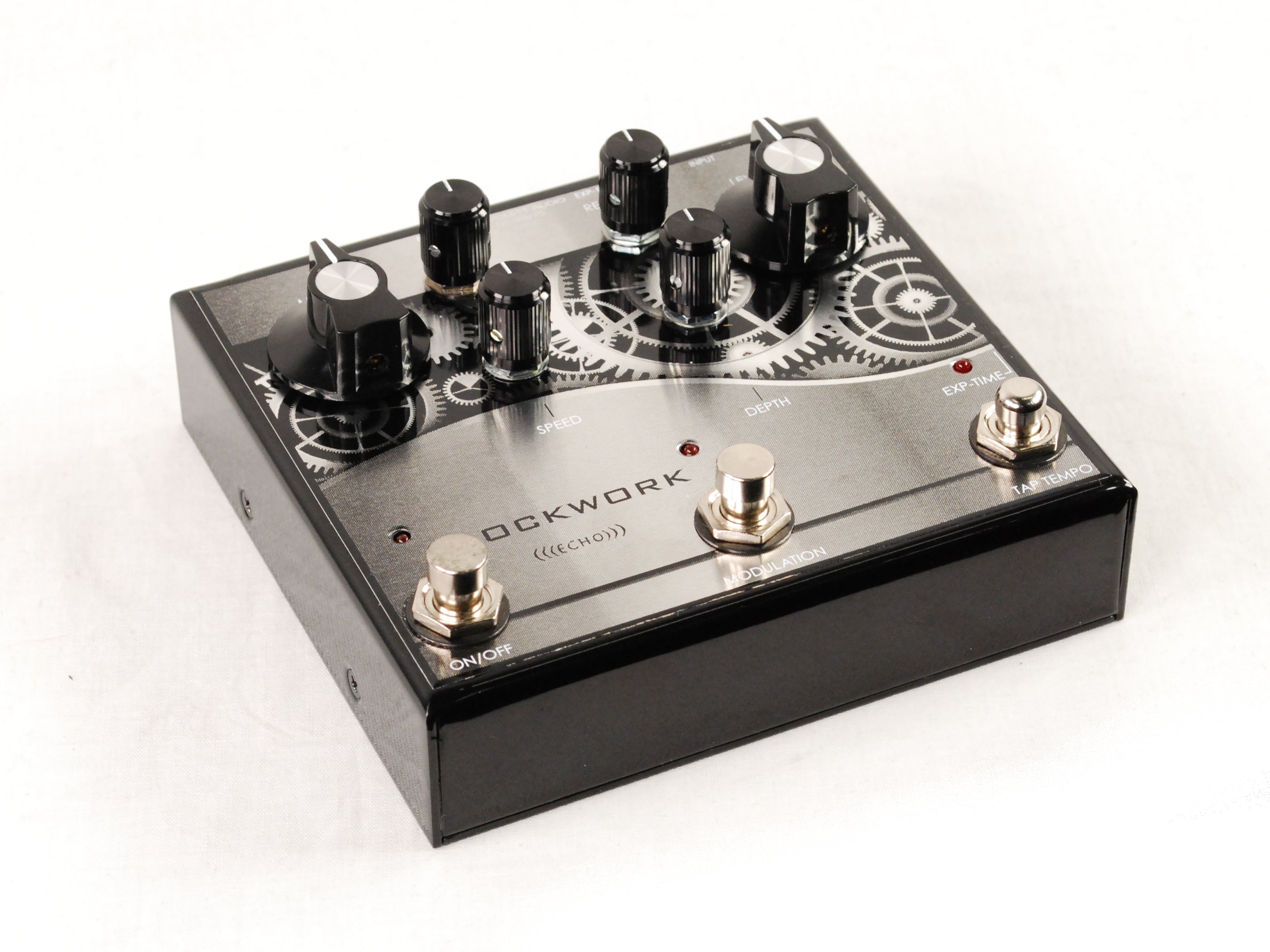 J. Rockett Clockwork Echo delay pedal — side view showing input jacks